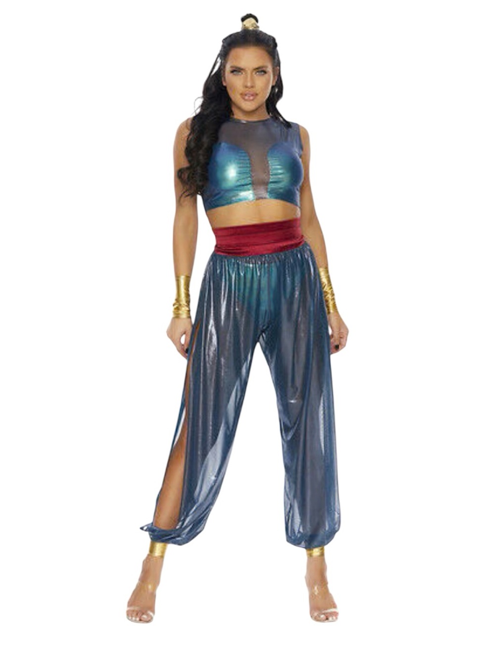 Forplay Metallic Teal Harem Pants with Red Waistband
